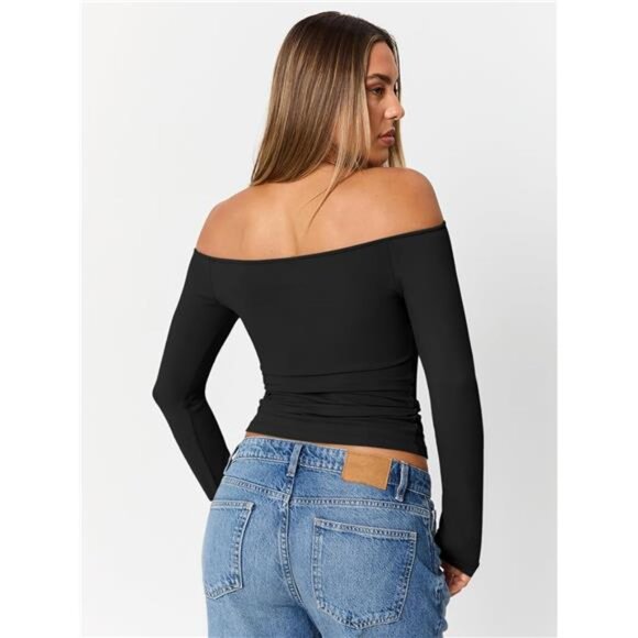 Women’s Off Shoulder Long Sleeve Top | Slim Fit Y2K Basic Shirt - Picture 4 of 5
